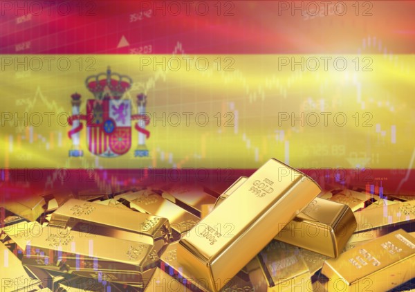 Gold bars on Spain flag in background. Gold bars stacked on Spanish flag. Concept of Spain gold reserves