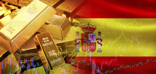 Gold bars stacked on Spanish flag. Spain gold reserves, Concept