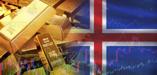 Gold bars stacked on Icelandic flag. Iceland gold reserves, Concept
