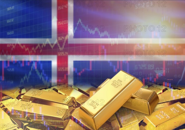 Gold bars on Iceland flag in background. Gold bars stacked on Icelandic flag. Concept of Iceland gold reserves