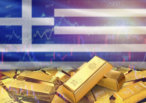 Gold bars on Greece flag in background. Gold bars stacked on Greek flag. Concept of Greece gold reserves