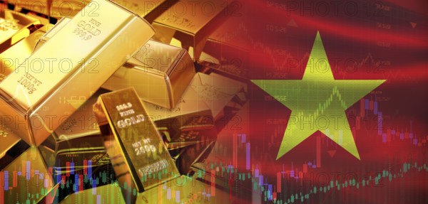 Gold bars stacked on Vietnamese flag. Vietnam gold reserves, Concept