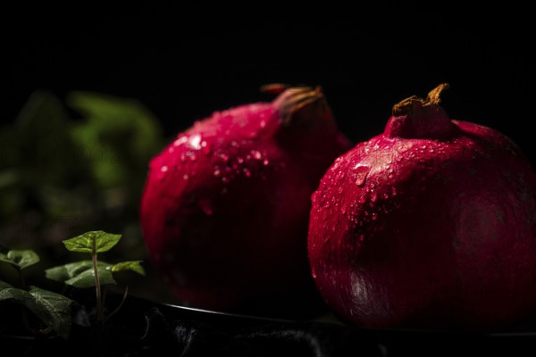Two pomegranates with drops of water in a dark atmosphere