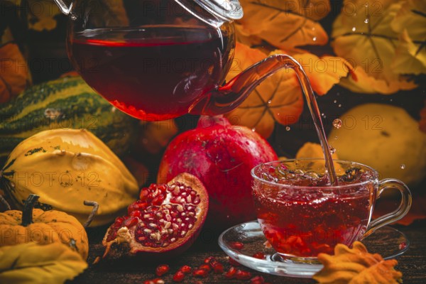 Teapot pours tea with splashing liquid into cup, surrounded by autumnal decoration