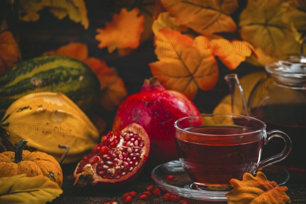 Tea served in a glass cup with pomegranate and autumnal background