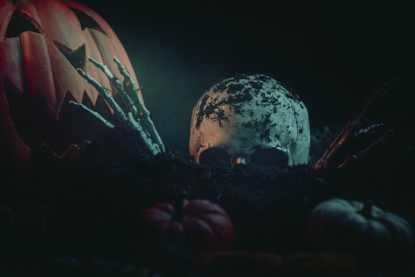 Halloween scene with a skull, skeletonised hands and pumpkins in dark earth