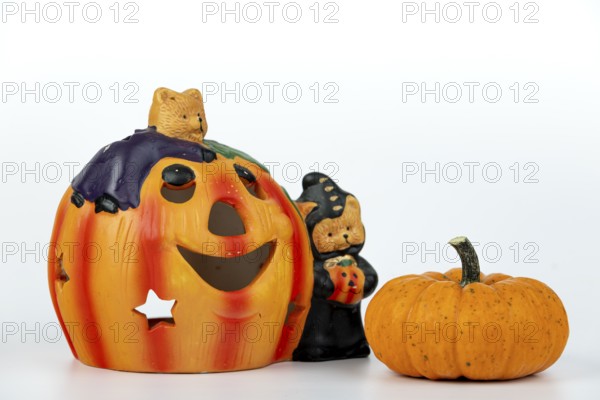 Pumpkin lantern for Halloween with decorative pumpkin, white background