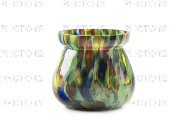 Modern, colourful glass vase with vibrant mix of colours, white background