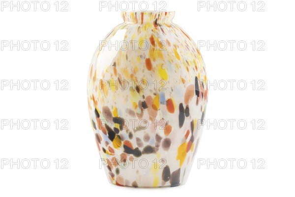 Vase with bright, colourful mosaic design, white background