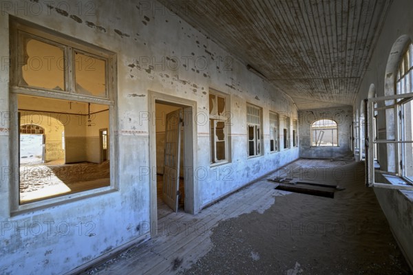 Former dwelling house full of sand, Kolmanskop, restricted diamond area, Karas region, Namibia