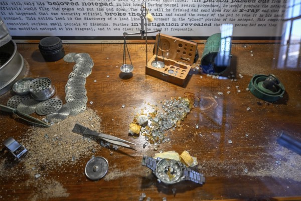 Watch prepared for diamond smuggling in an exhibition in the former casino, Kolmanskop, restricted diamond area, Karas region, Namibia