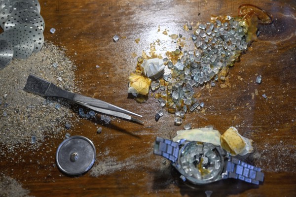 Watch prepared for diamond smuggling in an exhibition in the former casino of Kolmanskop, diamond restricted area, Karas region, Namibia