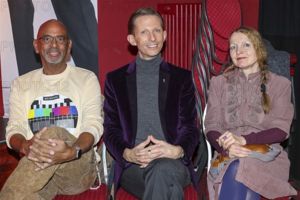 Pierre Sanoussi-Bliss, Mark Rudolf and Cora Chilcott at the annual press conference for the 2025/2026 season at the Theater am Frankfurter Tor. Berlin, 07.10.2025