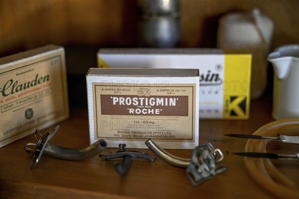 Exhibit in a display case in the former shop, drug Postigmin, Kolmanskop, diamond restricted area, Karas region, Namibia