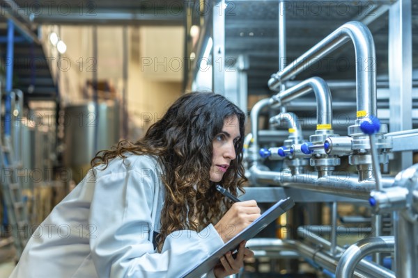 Woman wearing a lab coat meticulously checking industrial pipes and valves in a modern beverage factory, performing a detailed quality control inspection and writing notes on a clipboard