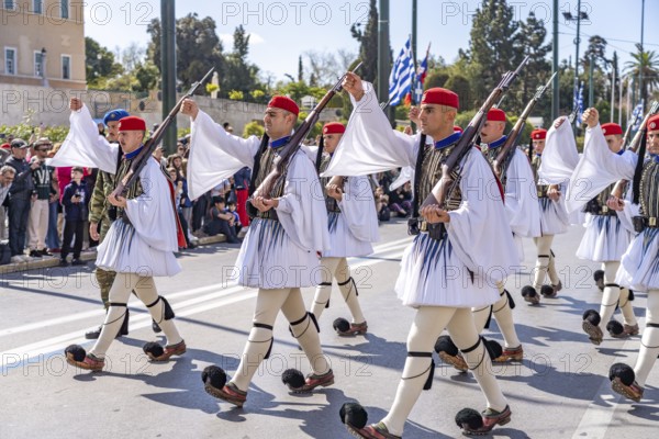 The traditional changing of the guard of the Evzones in front of the Greek Parliament in the Greek capital Athens, Greece
