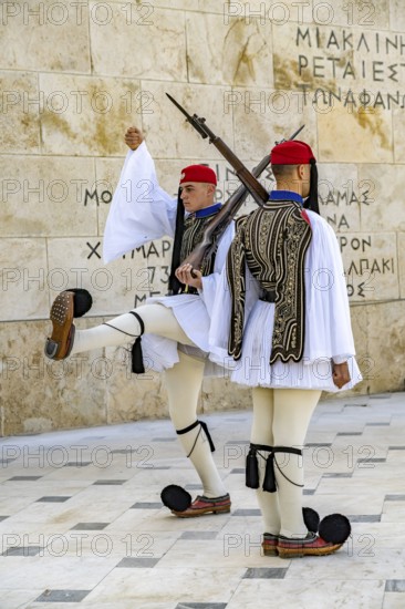 The traditional changing of the guard of the Evzones in front of the Greek Parliament in the Greek capital Athens, Greece