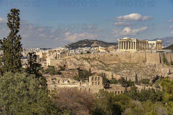 View of the Acropolis from Philopappos Hill in the Greek capital Athens, Greece