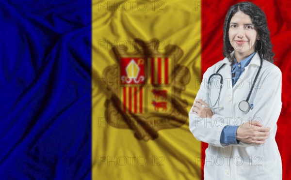 Andorran medicine and healthcare concept. Doctor close up against Andorra flag background