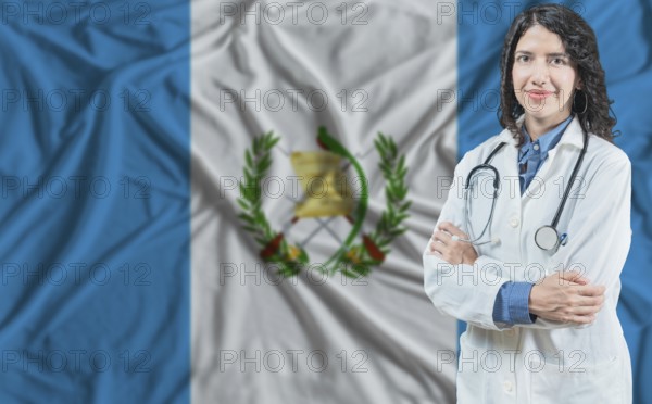 Guatemalan medicine and healthcare concept. Doctor close up against Guatemala flag background