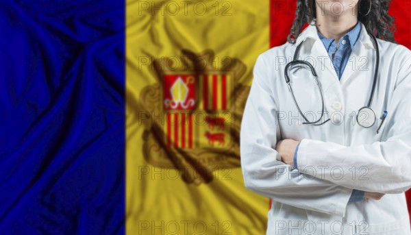 Medical professional on Andorra flag. Healthcare and wellness in Andorra, Concept