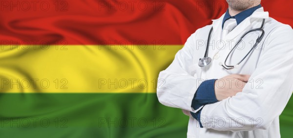 Bolivia healthcare concept. Male doctor on Bolivia flag. Doctor with crossed arms on Bolivia flag