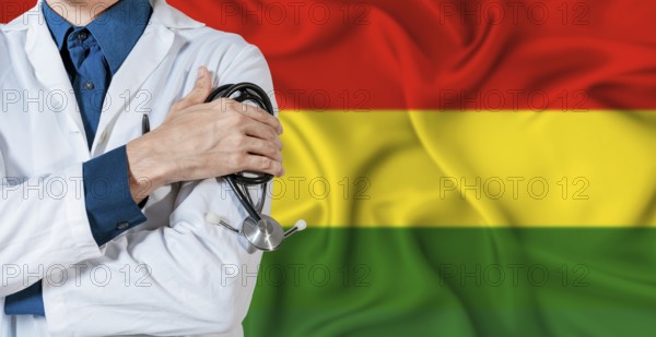 Bolivia healthcare concept. Doctor with stethoscope on Bolivia flag. Doctor holding stethoscope on bolivian flag