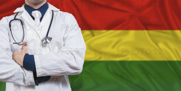 Male doctor with stethoscope on Bolivia flag. Doctor holding stethoscope on Bolivia flag