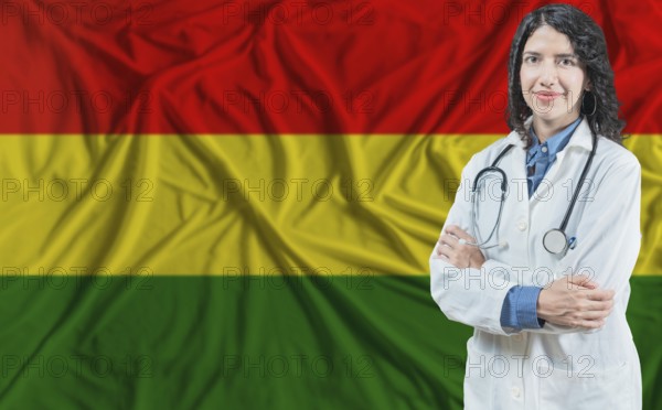 Bolivian medicine and healthcare concept. Doctor close up against Bolivia flag background