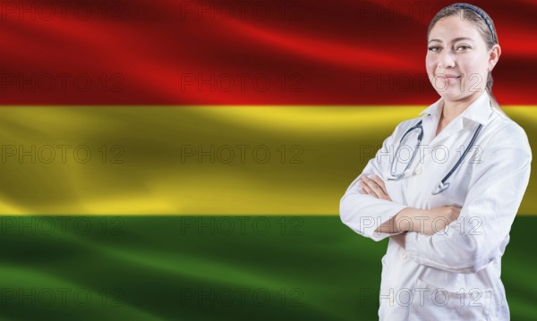Female doctor on Bolivia flag. Doctor with crossed arms on Bolivia flag. Bolivia health and care concept