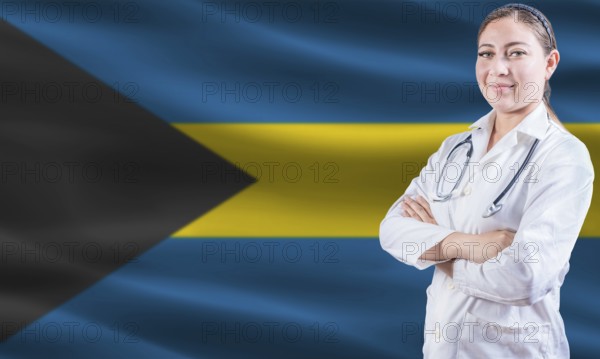 Female doctor on Bahamas flag. Doctor with crossed arms on Bahamas flag. Bahamas health and care concept