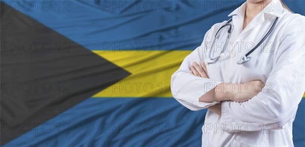 Doctor with crossed arms on Bahamas flag. Bahamas health and care concept. Female doctor on Bahamas flag