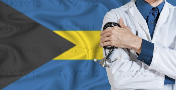 Bahamas healthcare concept. Doctor with stethoscope on Bahamas flag. Doctor holding stethoscope on Bahamian flag
