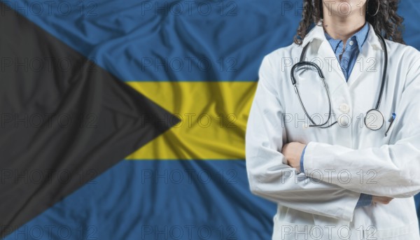 Medical professional on Bahamas flag. Healthcare and wellness in Bahamas, Concept