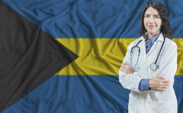 Bahamian medicine and healthcare concept. Doctor close up against Bahamas flag background