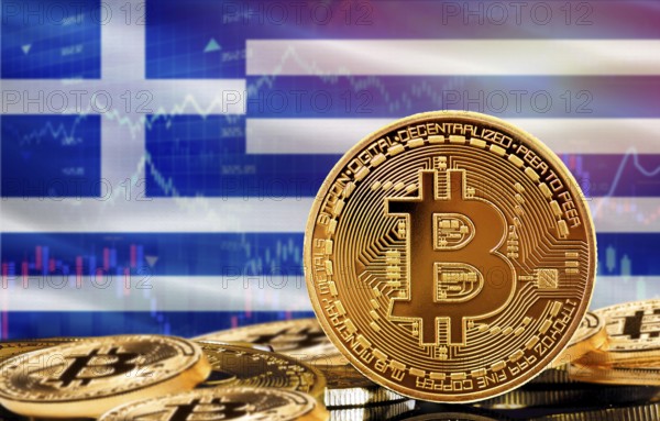 Investors in cryptocurrency and Blockchain Technology in Greece, Concept. Bitcoin with Greece flag in the background