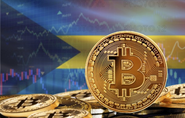 Investors in cryptocurrency and Blockchain Technology in Bahamas, Concept. Bitcoin with Bahamas flag in the background