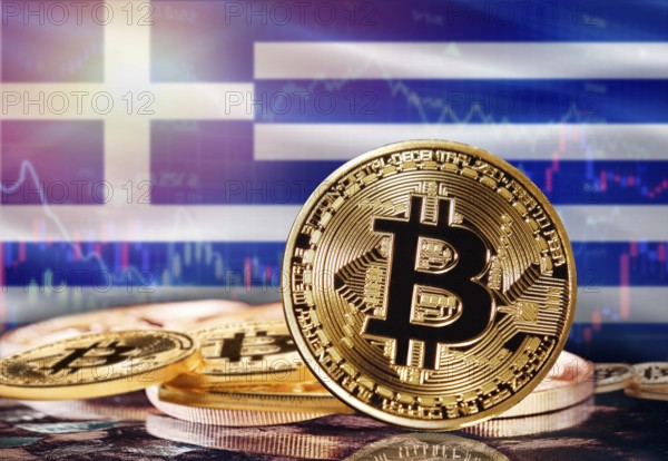 Bitcoin with Greece flag in the background. Investors in cryptocurrency and Blockchain Technology in Greece, Concept