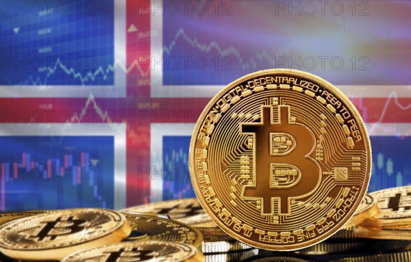 Investors in cryptocurrency and Blockchain Technology in Iceland, Concept. Bitcoin with Iceland flag in the background