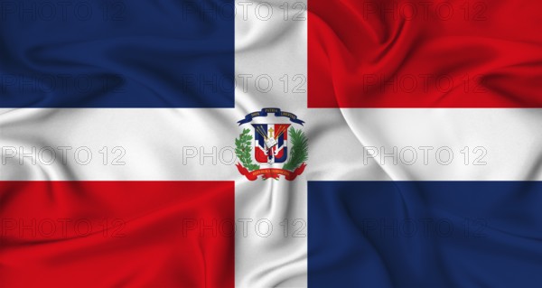 Realistic Dominican Republic flag waving. Close up of flag of Dominican Republic with cloth texture