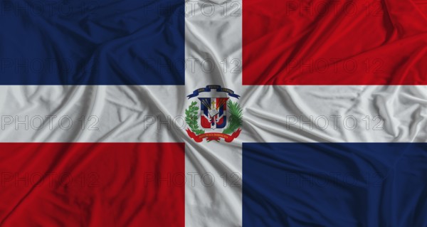 Dominican Republic flag with fabric texture background. National flag of Dominican Republic