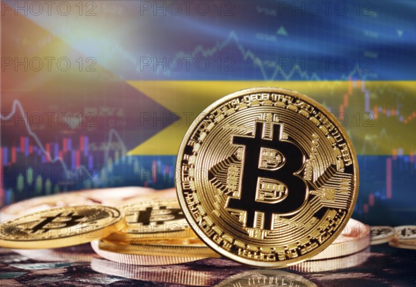 Bitcoin with Bahamas flag in the background. Investors in cryptocurrency and Blockchain Technology in Bahamas, Concept