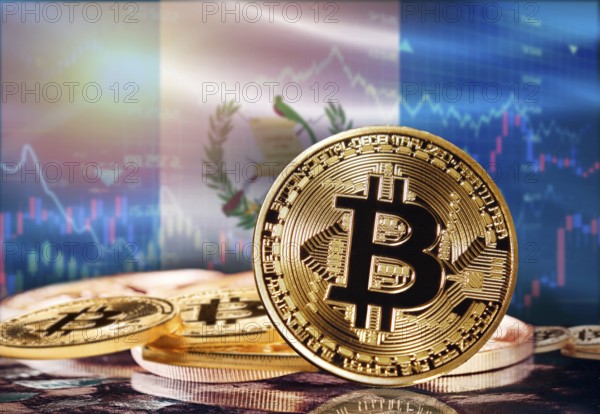 Bitcoin with Guatemala flag in the background. Investors in cryptocurrency and Blockchain Technology in Guatemala, Concept