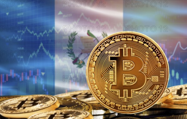 Investors in cryptocurrency and Blockchain Technology in Guatemala, Concept. Bitcoin with Guatemala flag in the background