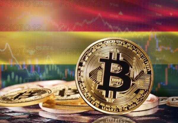 Bitcoin with Bolivia flag in the background. Investors in cryptocurrency and Blockchain Technology in Bolivia, Concept