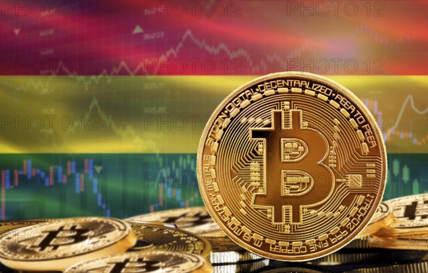 Investors in cryptocurrency and Blockchain Technology in Bolivia, Concept. Bitcoin with Bolivia flag in the background