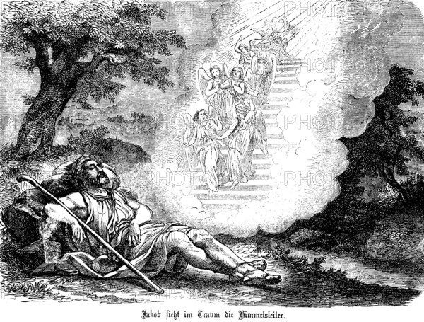 On the journey to Mesopotamia, Jacob rests and sees the ladder to heaven in a dream, nature, rock, tree, walking stick, lying, stairway to heaven, angel, Genesis, chapter 28, Old Testament, Bible, historical illustration 1877