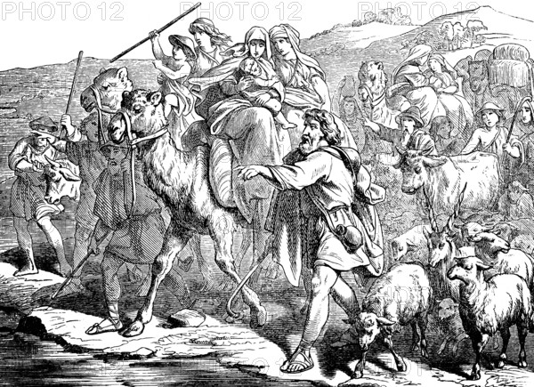 Jacob flees with his woman and child from Laban the babbler, group, migration, camels, riding, children, woman, sheep, cattle, Genesis, chapter 26, Old Testament, Bible, historical illustration 1877