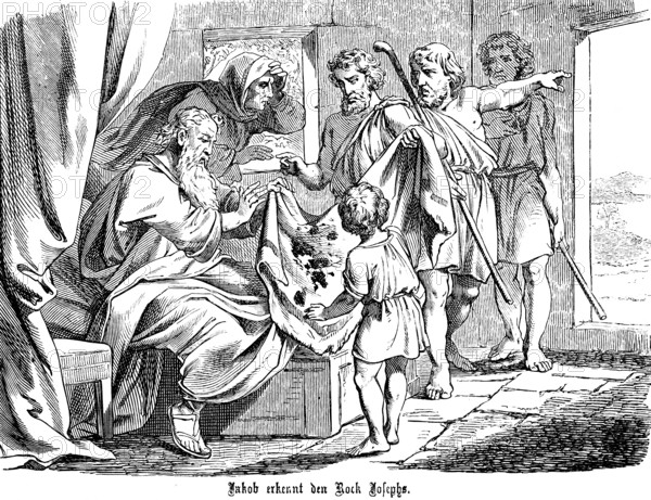 Jacob recognises the bloody skirt of Joseph, blood, deception, sons, report, lie, alleged death of Joseph, conviction, old man group, room, bed, First Book of Moses, chapter 38, Genesis, Old Testament, Bible, historical illustration 1877