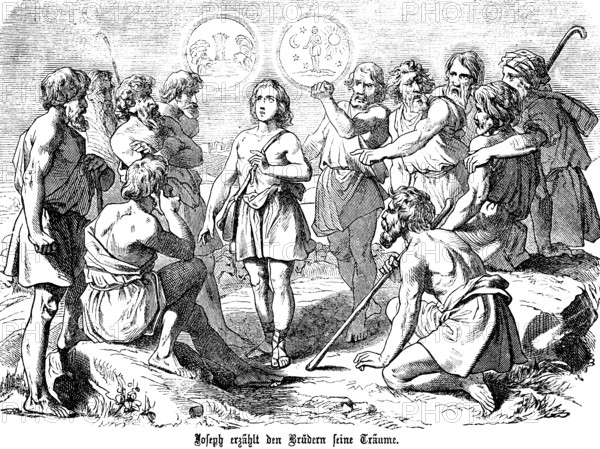 Joseph tells the angry brothers his dreams of sheaves in the field, enemies, Joseph, anger, rage, dream, unbelief, agriculture, fields, sun moon, stars, First Book of Moses, Chapter 237 Genesis, Old Testament, Bible, historical illustration 1877